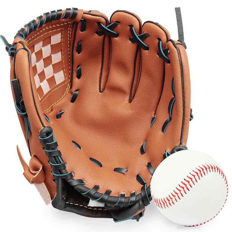 GROOFOO Baseball Glove and Ball for Kids/Youth/Adults Softball Teeball Training, Left Hand Glove with Soft Ball Set, 10.5" Brown - Image 1